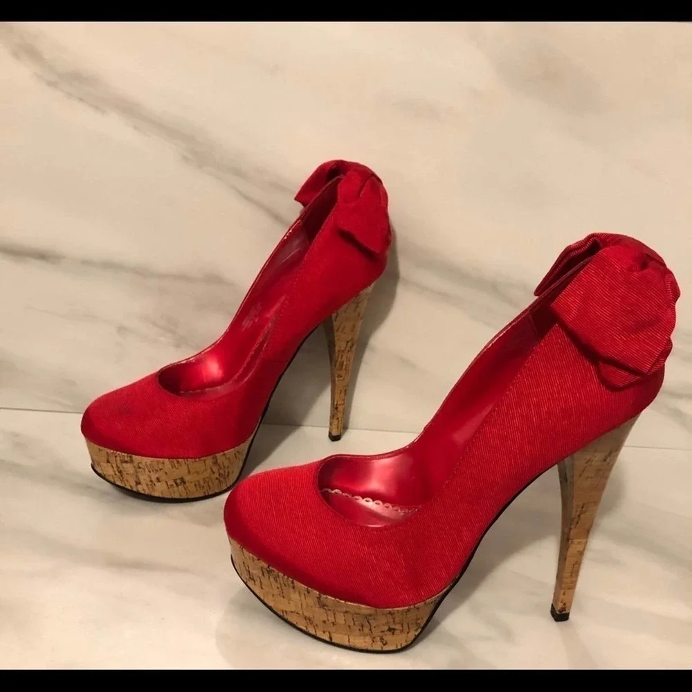 Bebe Stiletto High Heels Kahilia Ruby Red Size 8 Platform Cork Bow Formal